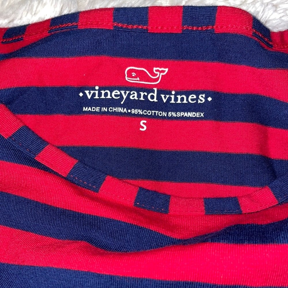 Vineyard Vines, long sleeve t-shirt dress with navy blue and red stripes.